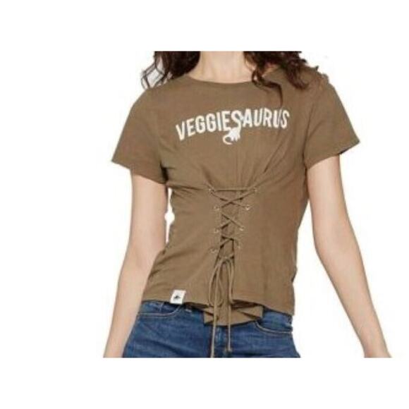 3/$20 Jurassic World Juniors Sz XXL Veggiesaurus Dinosaur Tee Corset Tie Front - Picture 1 of 8